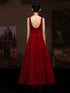 Wine Red Tea Length Sleeves Formal Dress, Wine Red Low Back Spandex Evening Dress